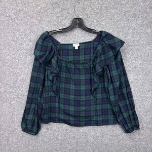J.Crew Womens Navy Green Black Watch Plaid Ruffle Square Neck Blouse Small S